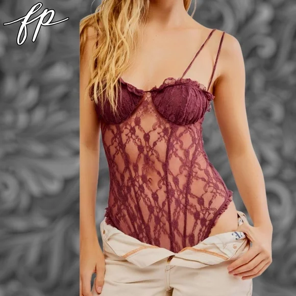 FREE PEOPLE If You Dare Sheer Lace Bra Cup Detail Thong Bodysuit - Picture 2 of 13
